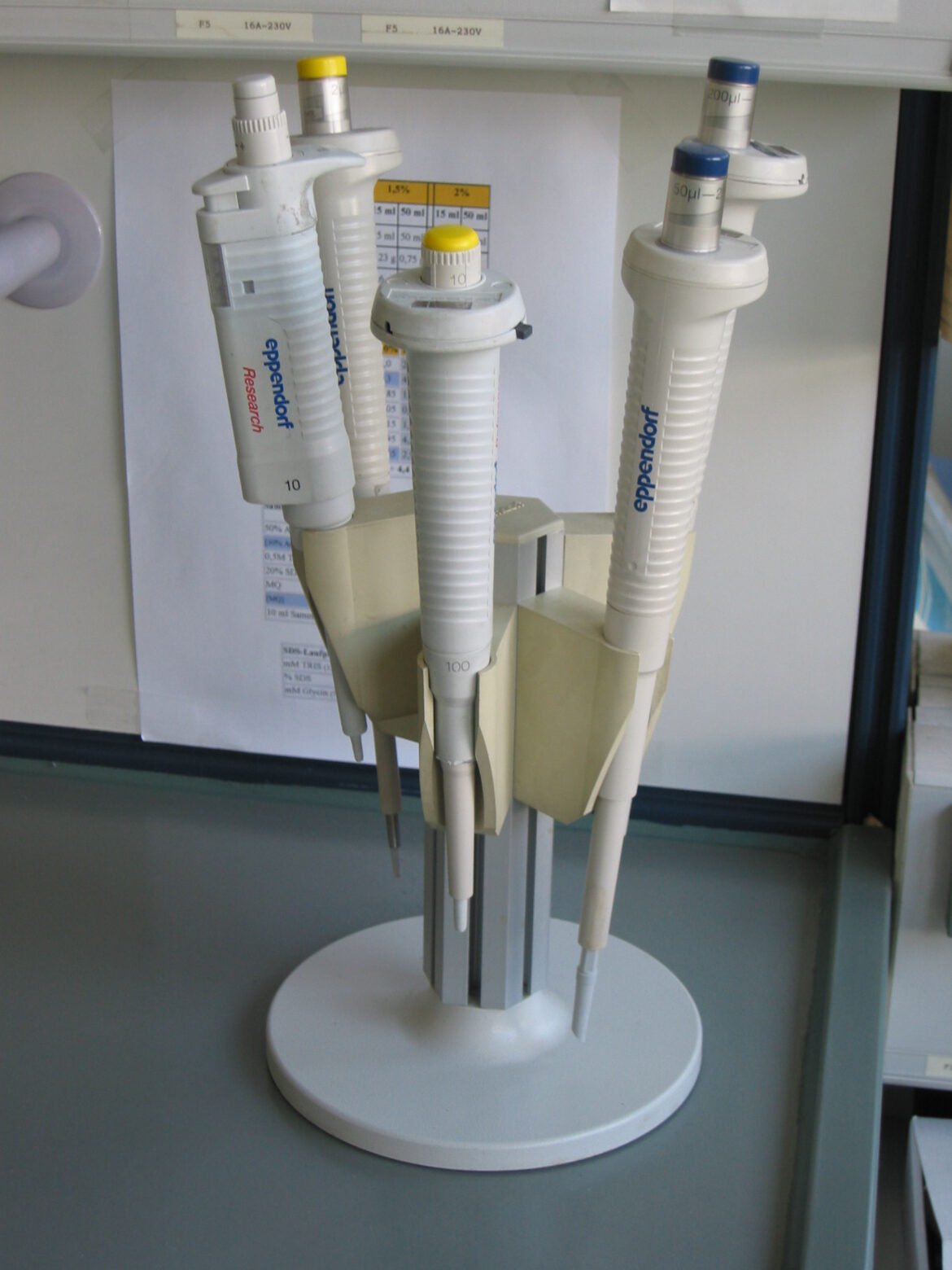 Conjunto de pipetas de laboratório em suporte.