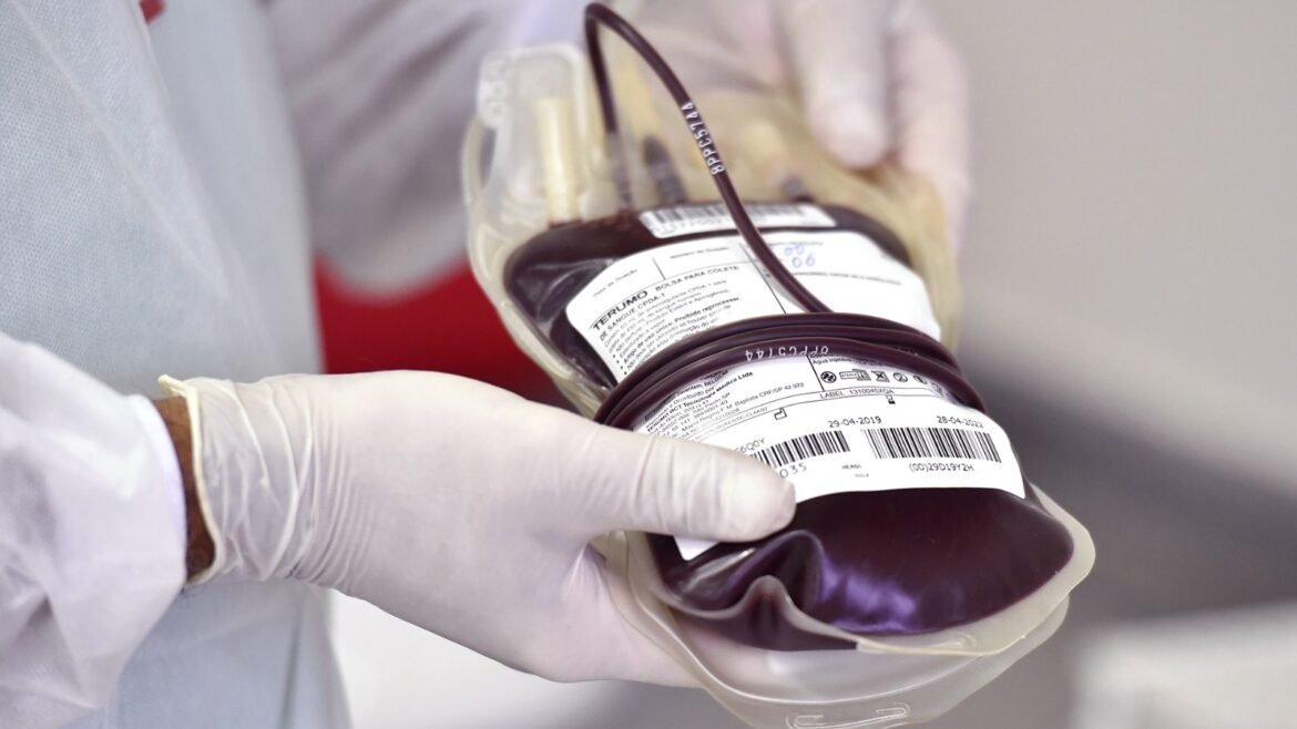 Mãos com luvas seguram bolsa de sangue; imagem ilustrativa do pedido do Hemocentro de Jataí